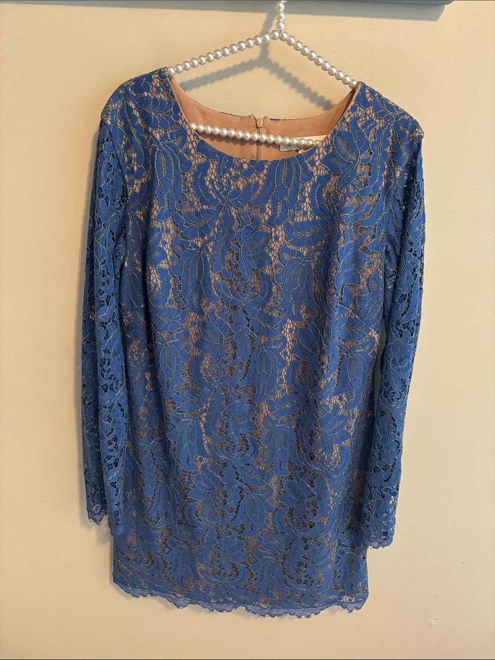 Dress The Population XL Blue Lace Dress Nude Lining Long Sleeve Sheath Cocktail
